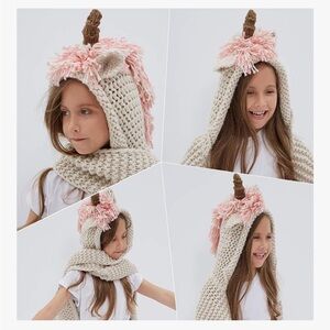 Unicorn Knit Hooded Scarf for Kids - Pink and Cream